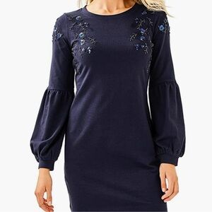 Lily Pulitzer Bartlett Sequin Embroidered Dress Long Sleeve Navy Blue Size XS
